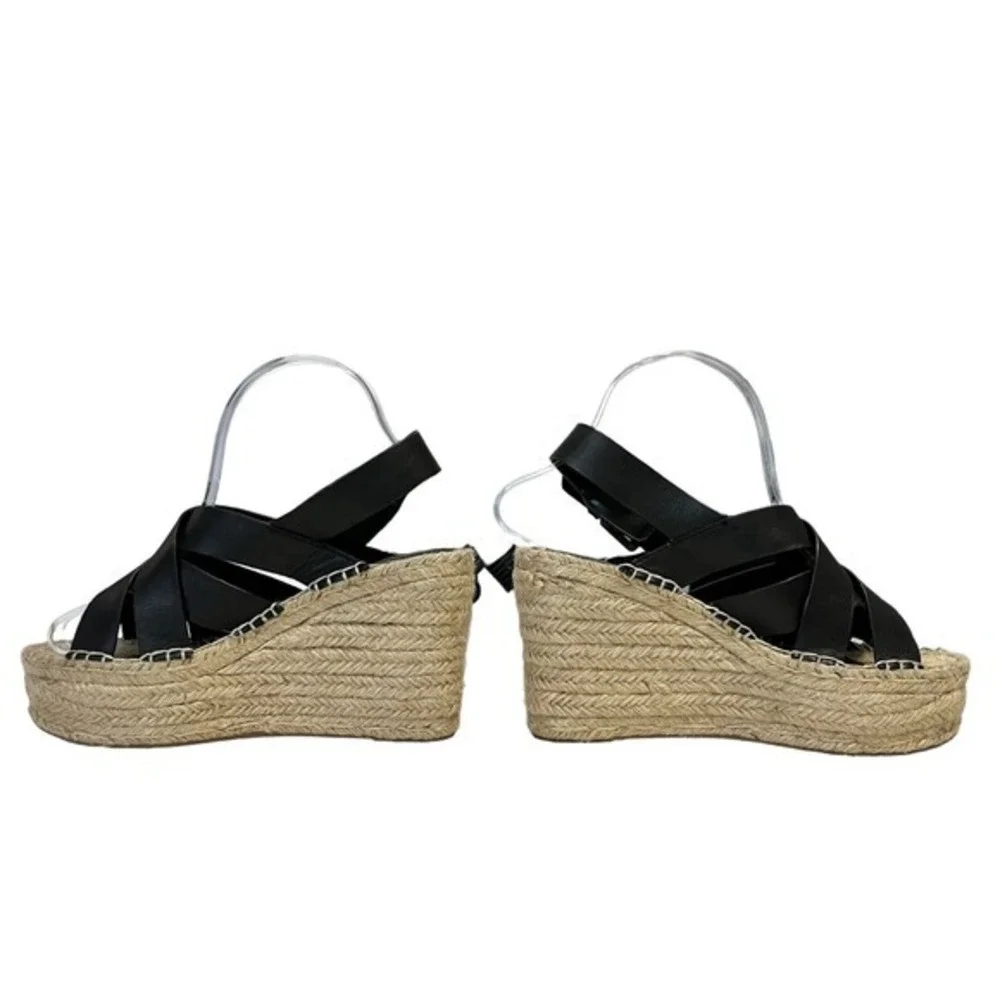 Marc Fisher LTD Wedge Sandals Womens 6.5 Alenni Espadrille Black Leather Jute‎